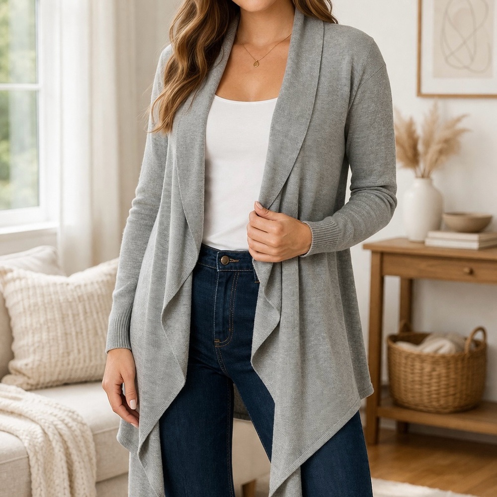Kerisma Light Gray Wool Blend Draped Open-Front Cardigan